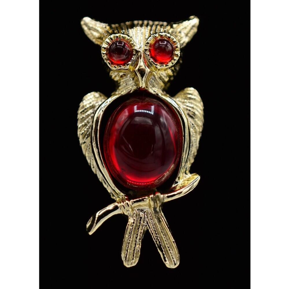 Vintage Cabochon Owl Brooch Pin Jelly Bright Red Gold Wise Chunky 1990s BinJ